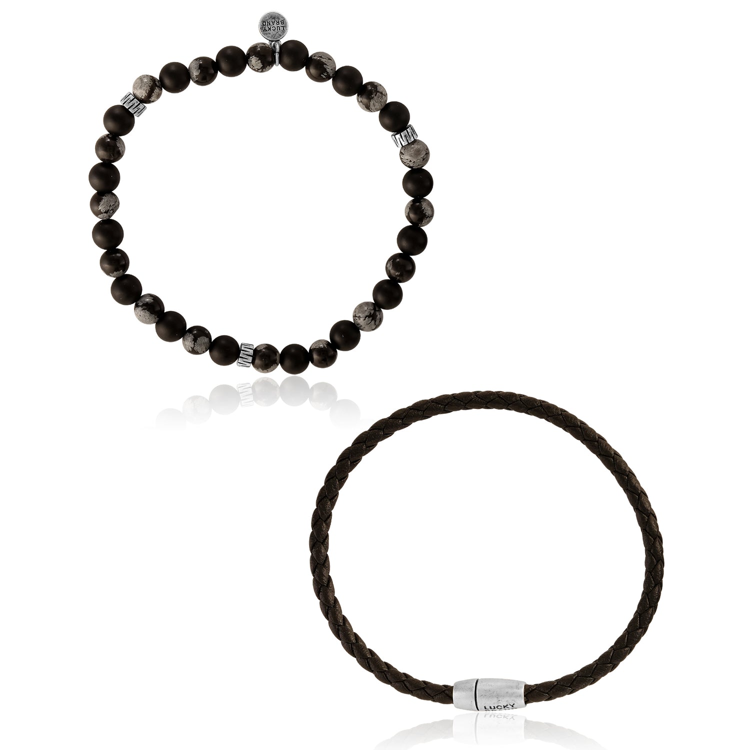 Lucky Brand Matte Black Onyx, Snowflake Obsidian Stretch Bead & Magnetic Cord Bracelet Set - 2 Piece