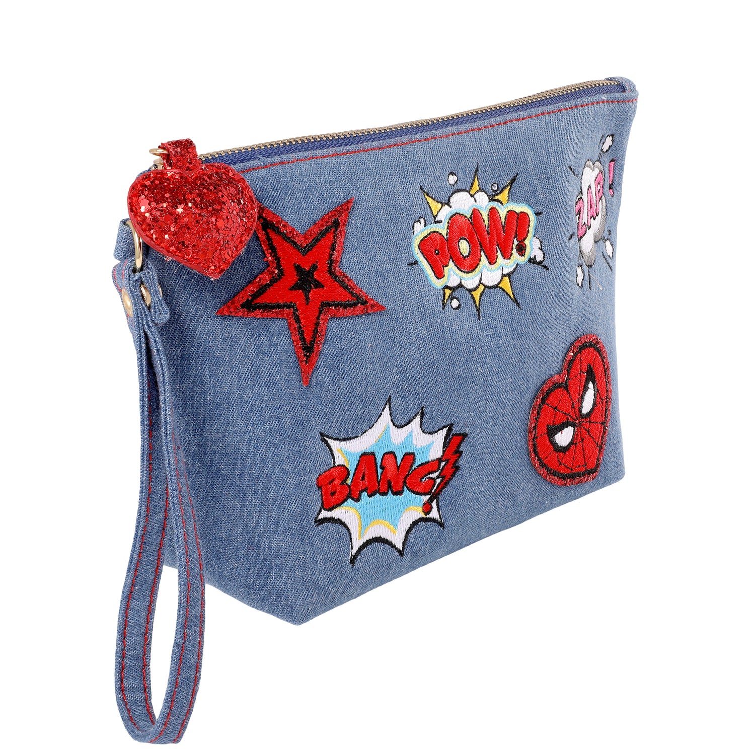 Marvel SpiderMan Denim Patch Cosmetic Pouch with Comic Pop Embellishments