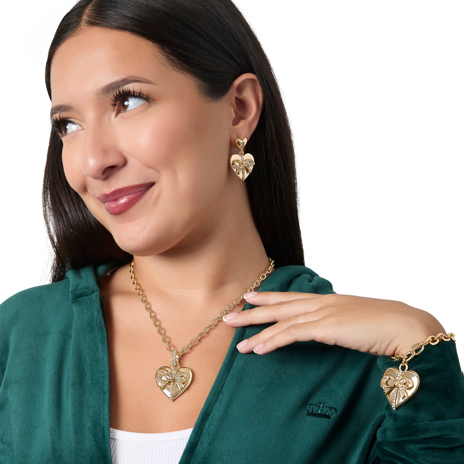 Juicy Couture Quilted Double‑Heart Drop Earrings, Gold‑Tone with Crystal Accents