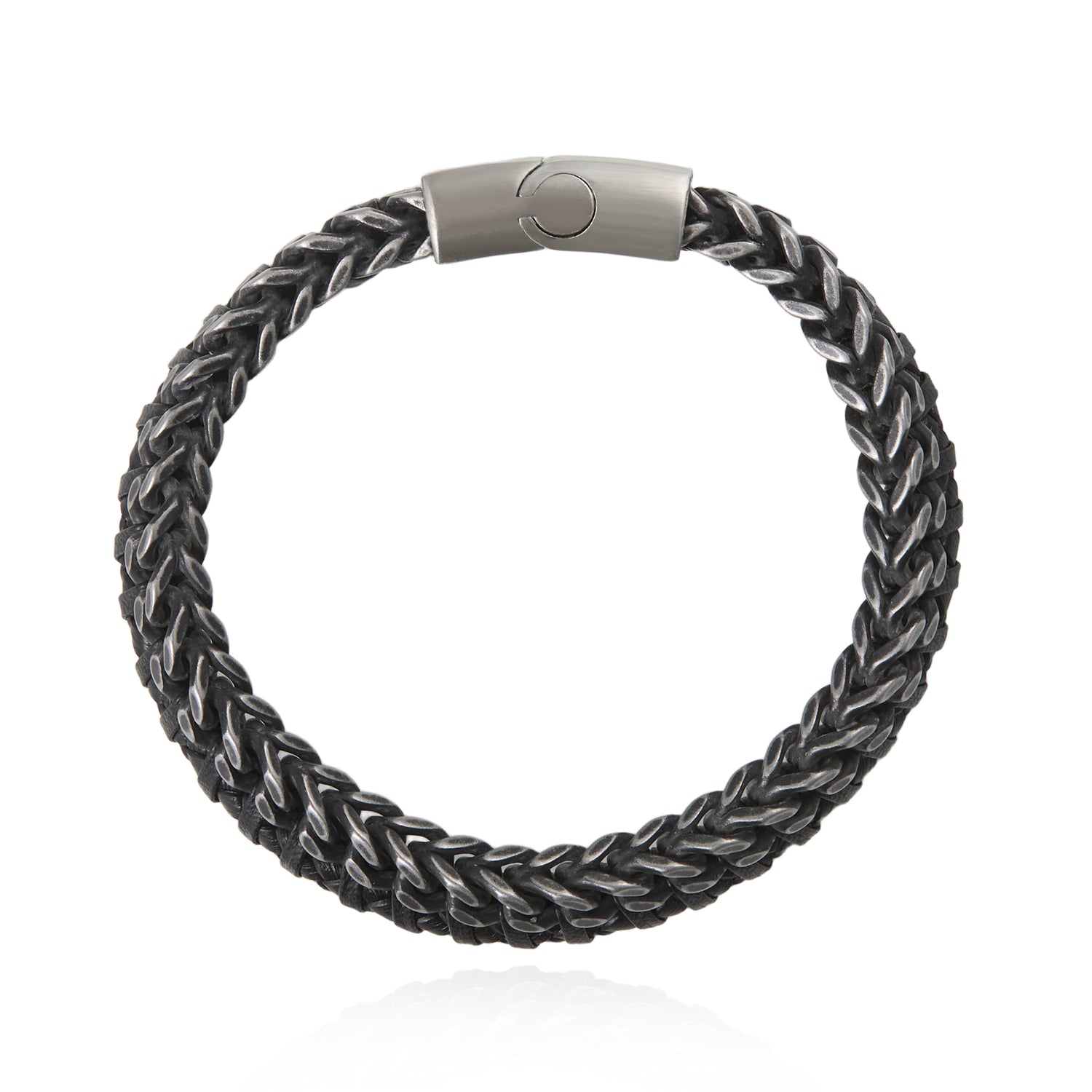 Lucky Brand Mens Bracelet Braided Black Leather and Stainless Steel, 8.25"