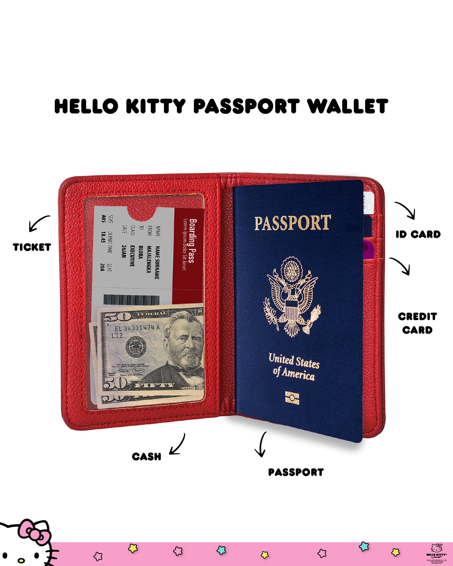 Hello Kitty Passport Holder for Travel Women Official License, Burgundy Red Passport Cover, Sanrio Gifts - Red