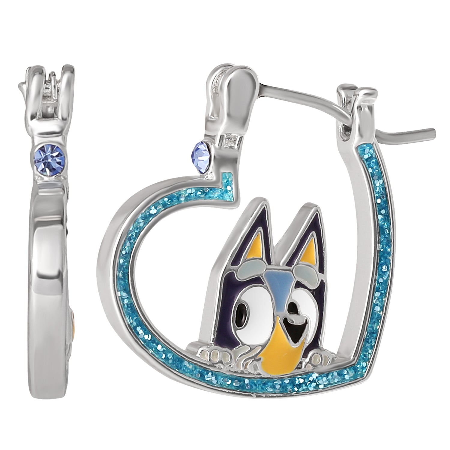 Bluey Heart Hoop Earrings Official License, Silver Flash-Plated with Enamel Bluey Pendant