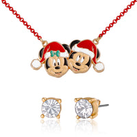 Disney Mickey & Minnie Santa Necklace & Stud Earrings Set, Goldâ€‘Tone