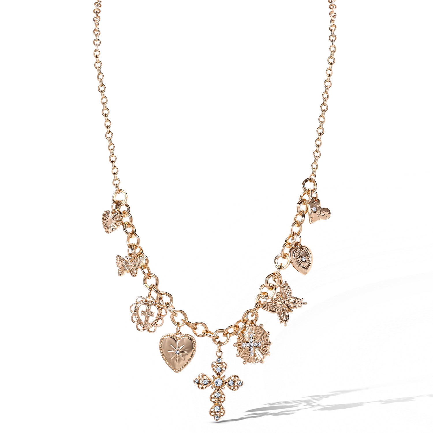 JS Jessica Simpson Gold Tone Textured Cross Heart Charm Necklace