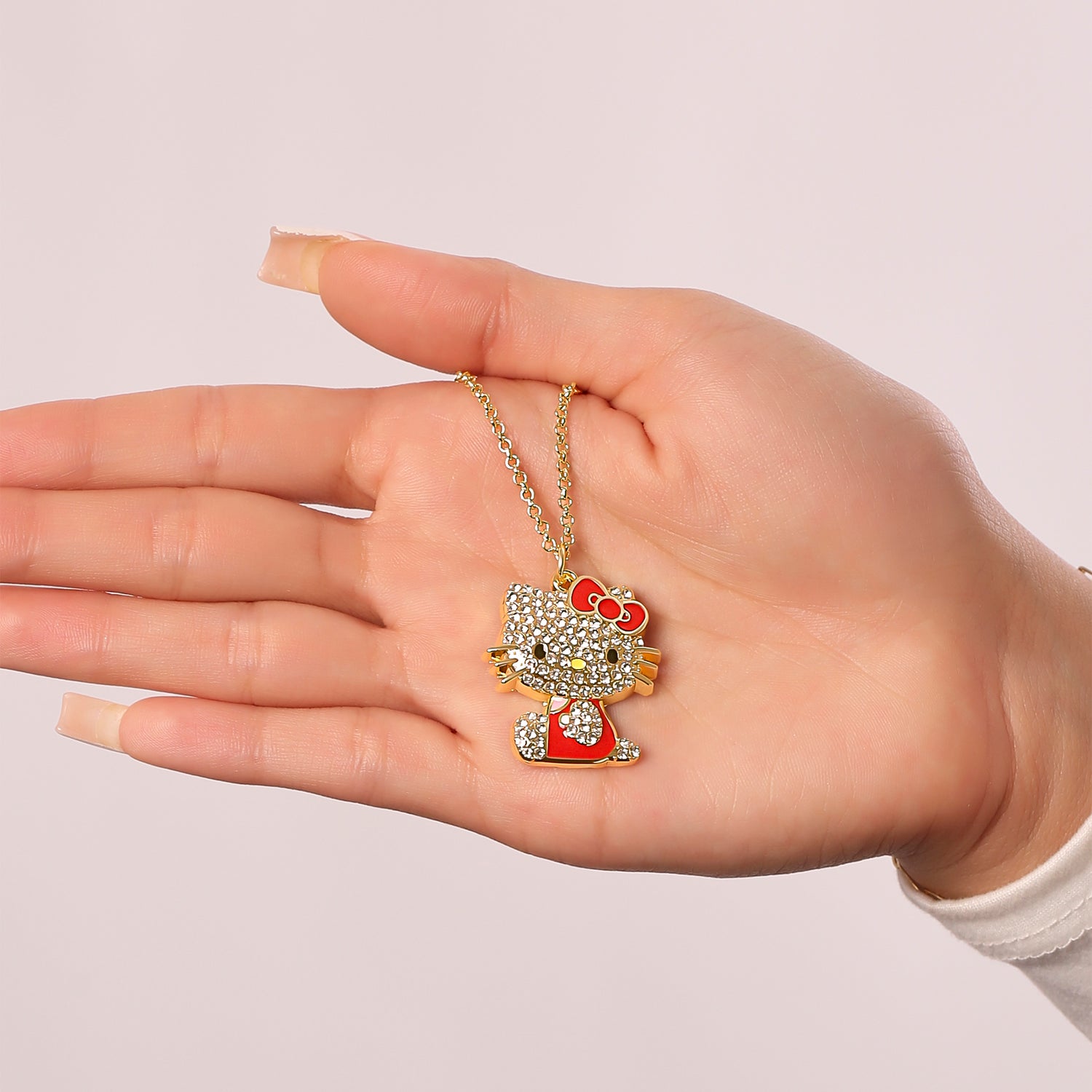 SALLY ROSE Hello Kitty Red Enamel and Pave Crystal Pendant Necklace Official License, Gold-Tone 16+3 Hello Kitty Necklace, Sanrio Gifts - Red