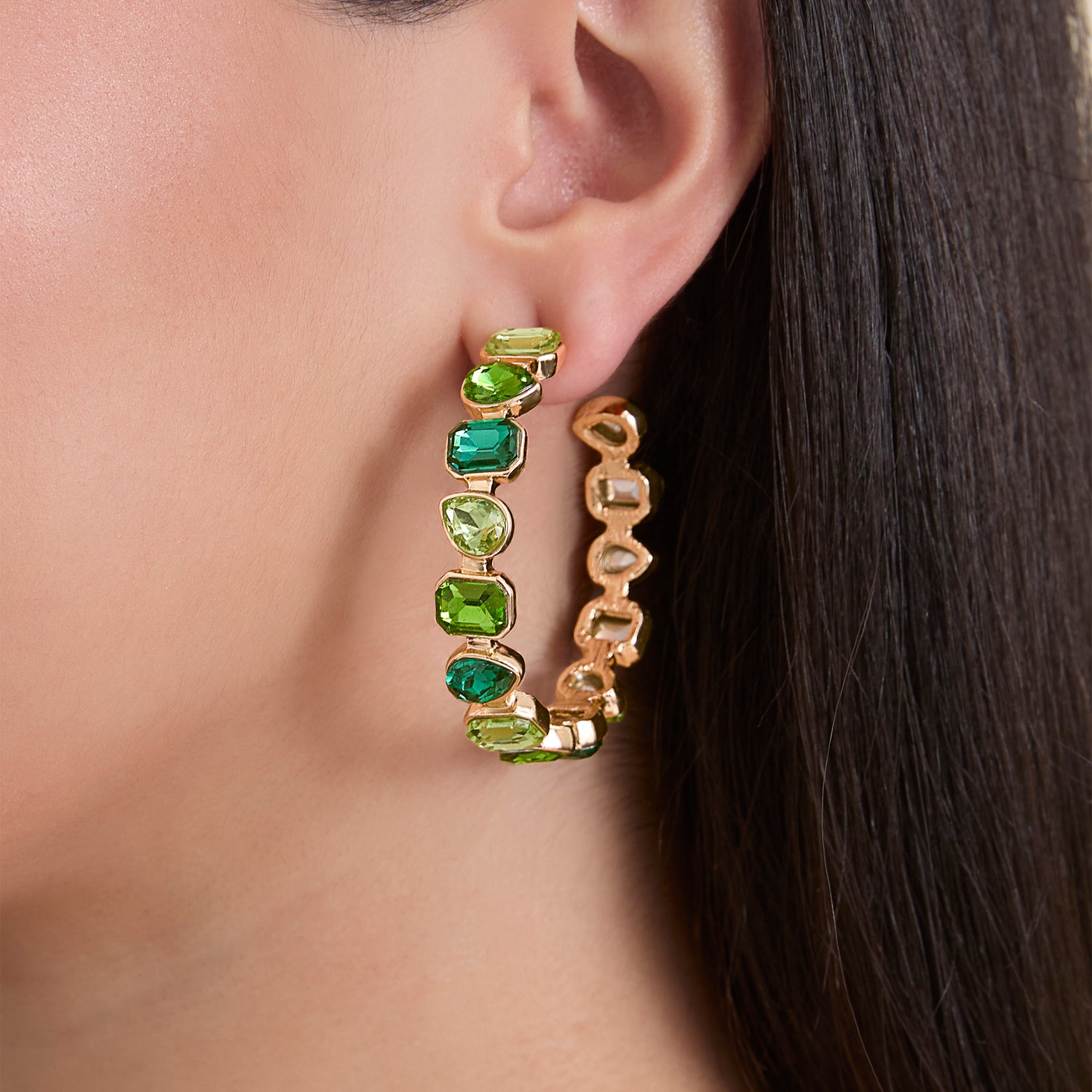 JS Jessica Simpson Gold-Tone Green Stone Hoop Earrings
