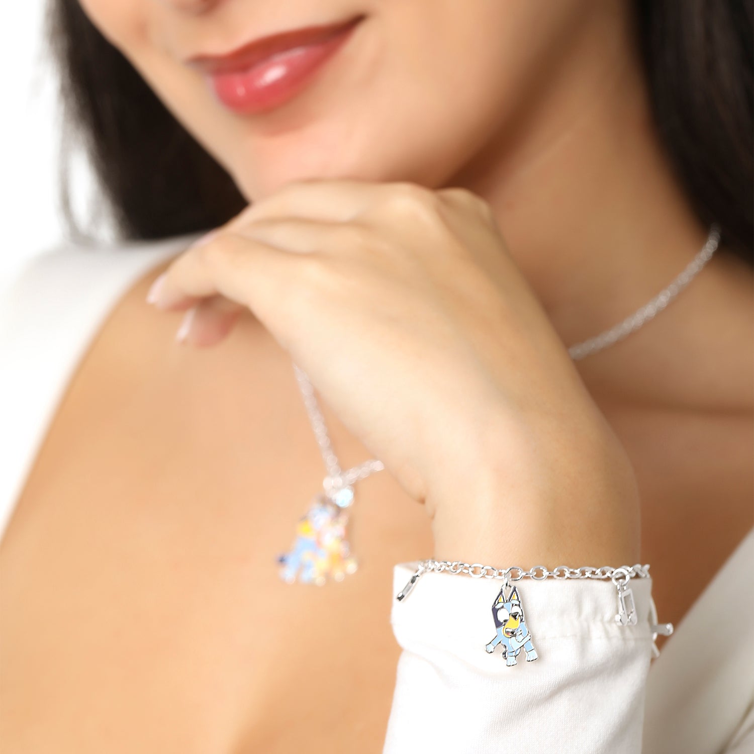 Bluey Bracelet with 5 Charms Official License, 6.75"+.75" - Silver Tone