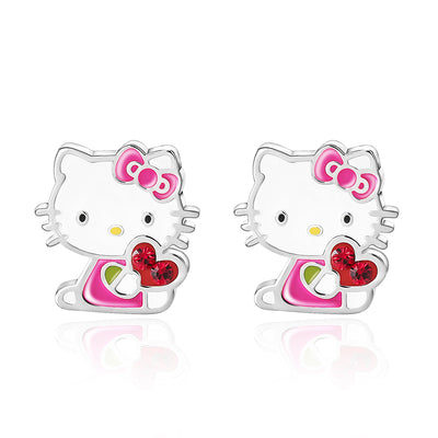Enchanting Brass Silver-Plated Hello Kitty Stud Earrings: Captivating Crystals and Delicate Enamel Accents