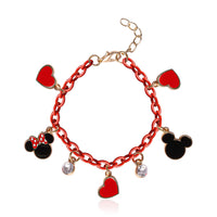 SALLY ROSE Mickey and Minnie Mouse Charm Bracelet with Red Chain Official License, 6.5"+1" Gold-Tone Fashion Charm Bracelet for Women