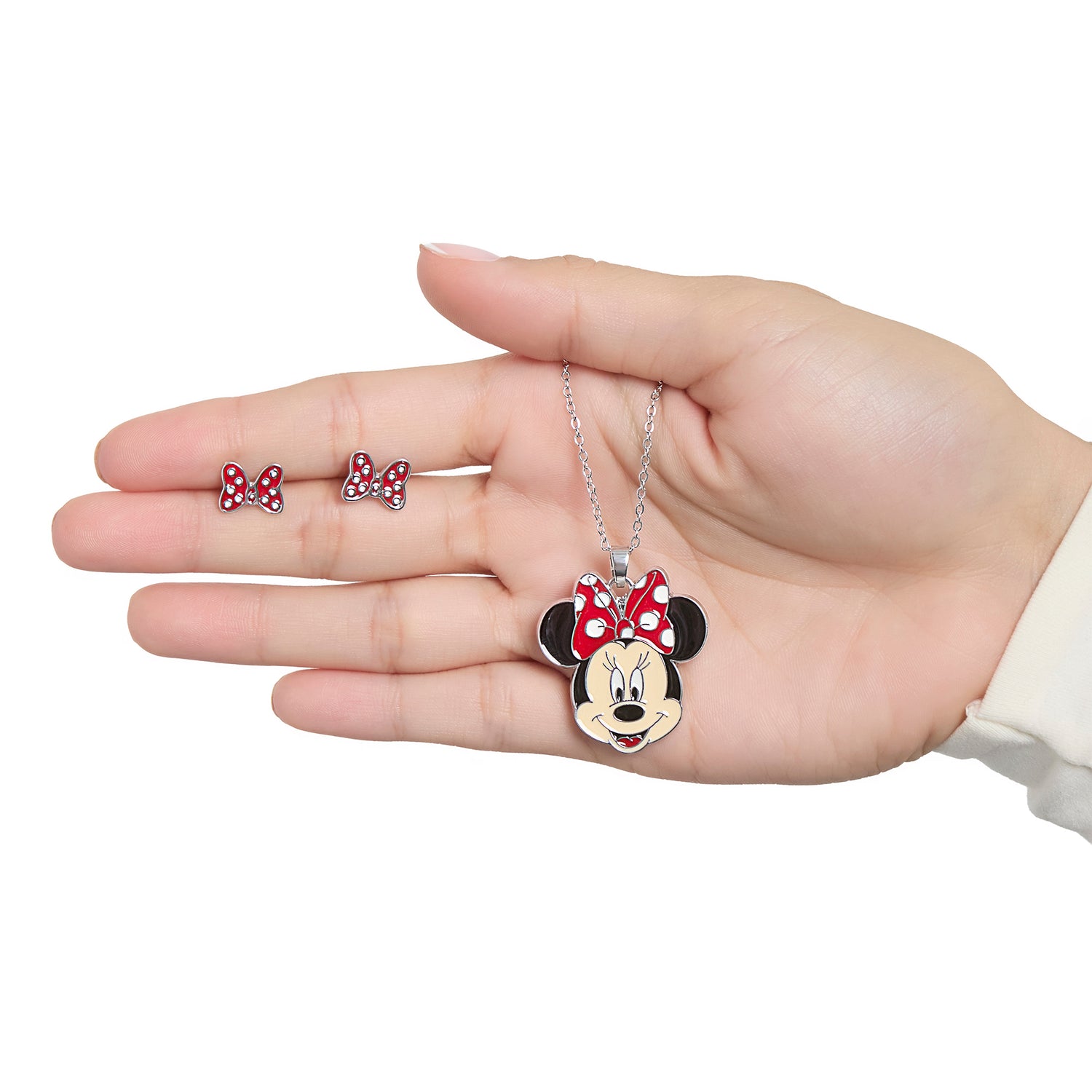 Disney Minnie Mouse Necklace & Stud Earrings Set, Red Chain & Enamel