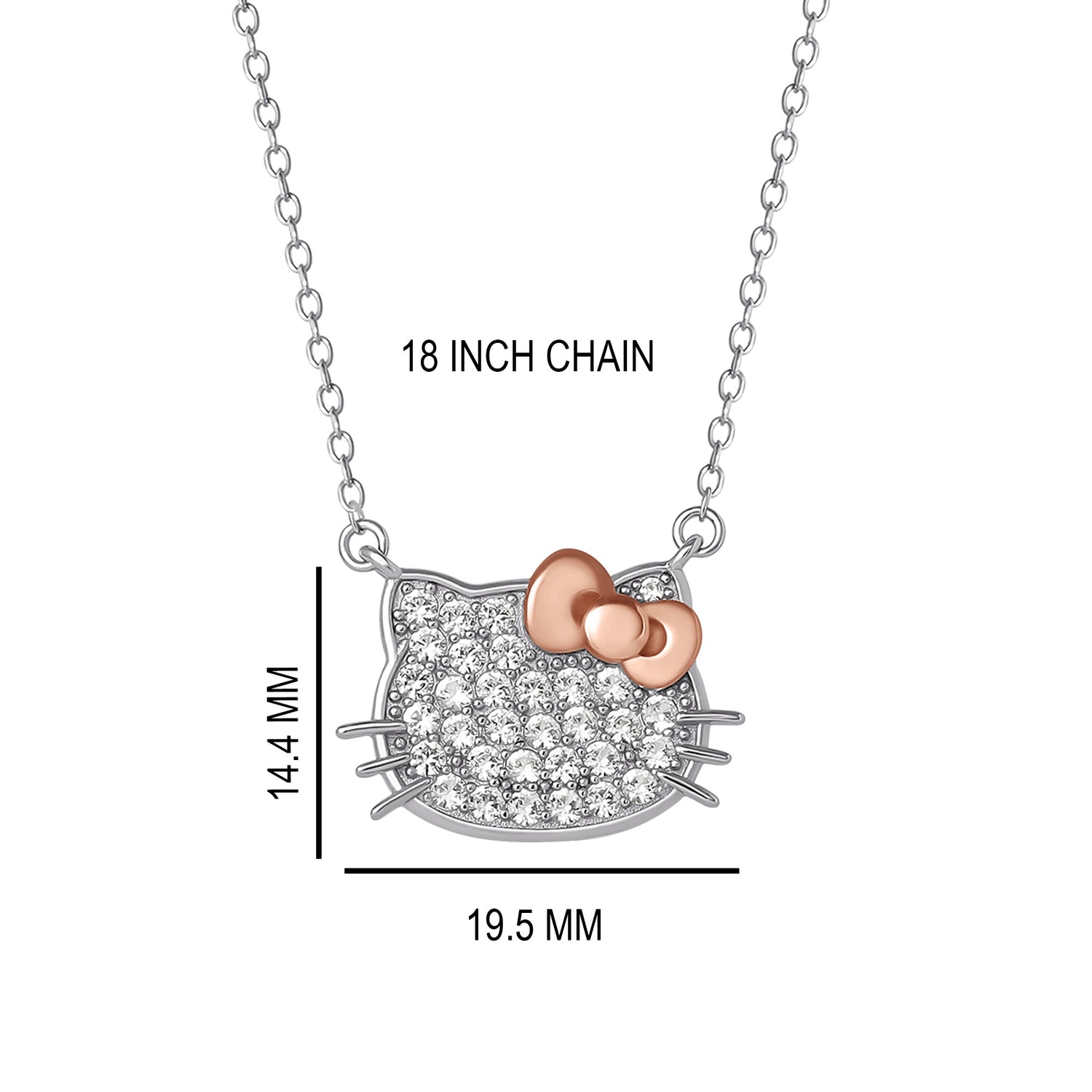 Hello Kitty Face Necklace 18", Sterling Silver with Created White Sapphire Pavé and Rose Gold-Tone Bow, Official License