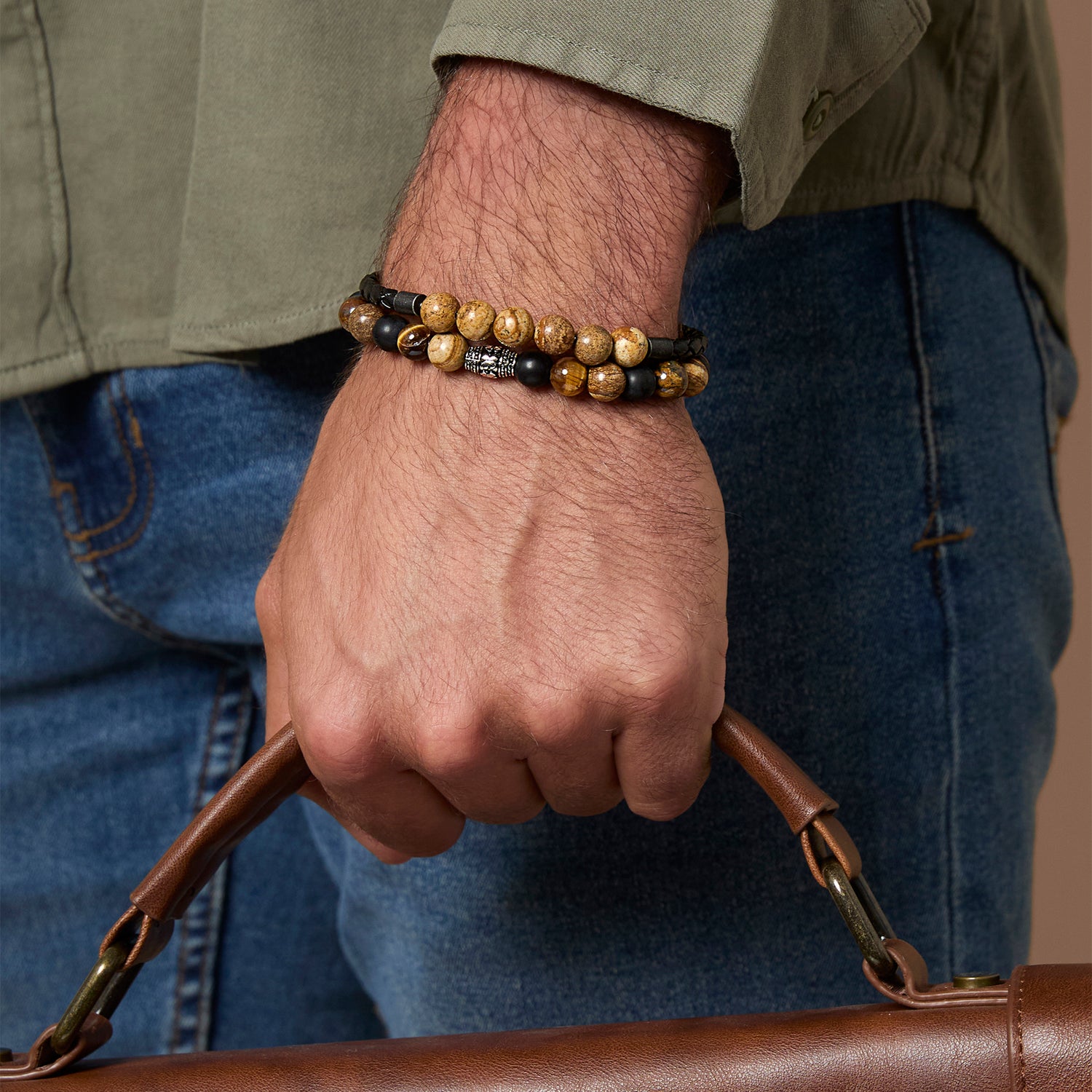 Lucky Brand Tiger’s Eye, Black Onyx, Picture Jasper Stretch Bead & Magnetic Cord Bracelet Set - 2 Piece