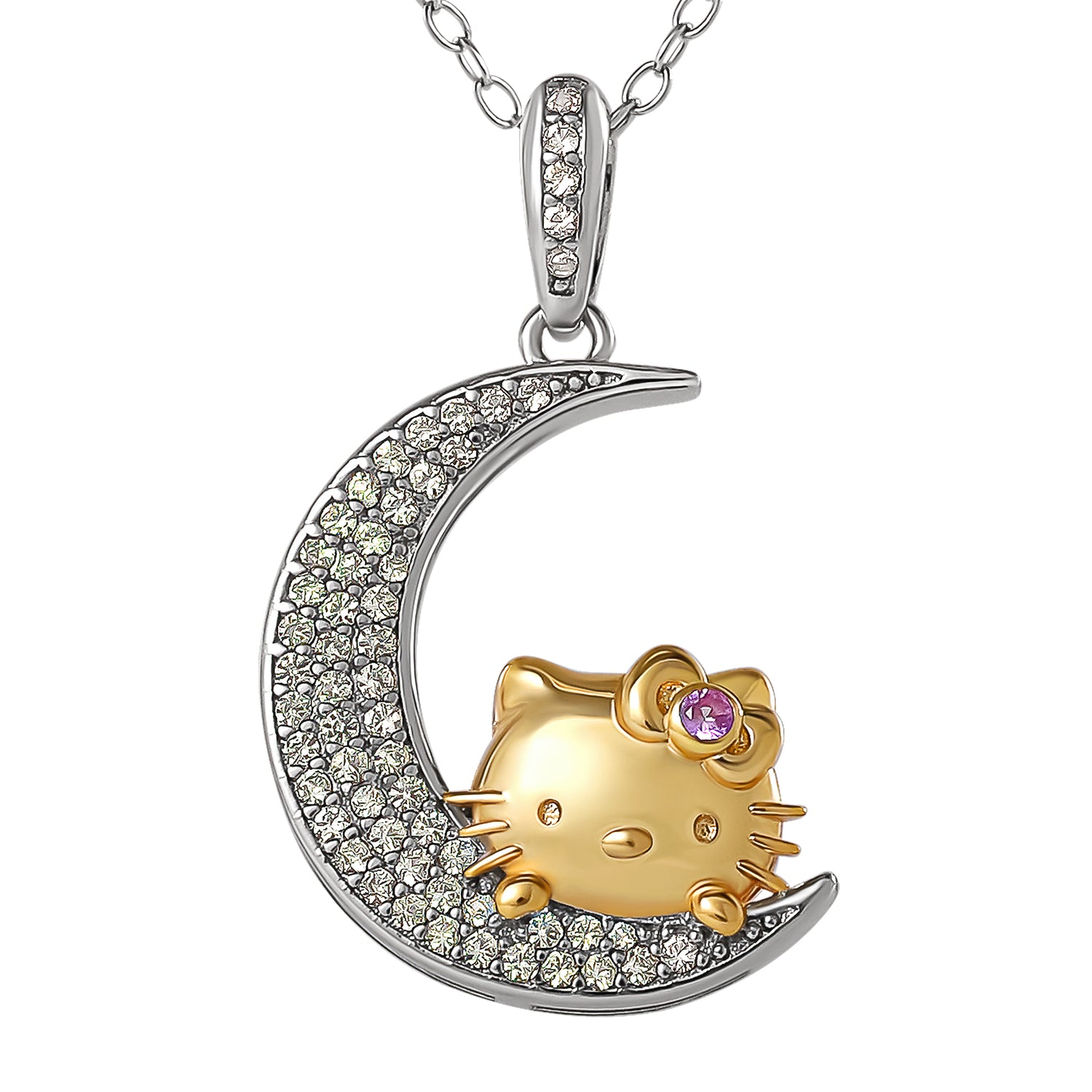 Hello Kitty on the Moon Pendant Necklace 18", Two-Tone Plated Sterling Silver with Created Sapphire, Official License