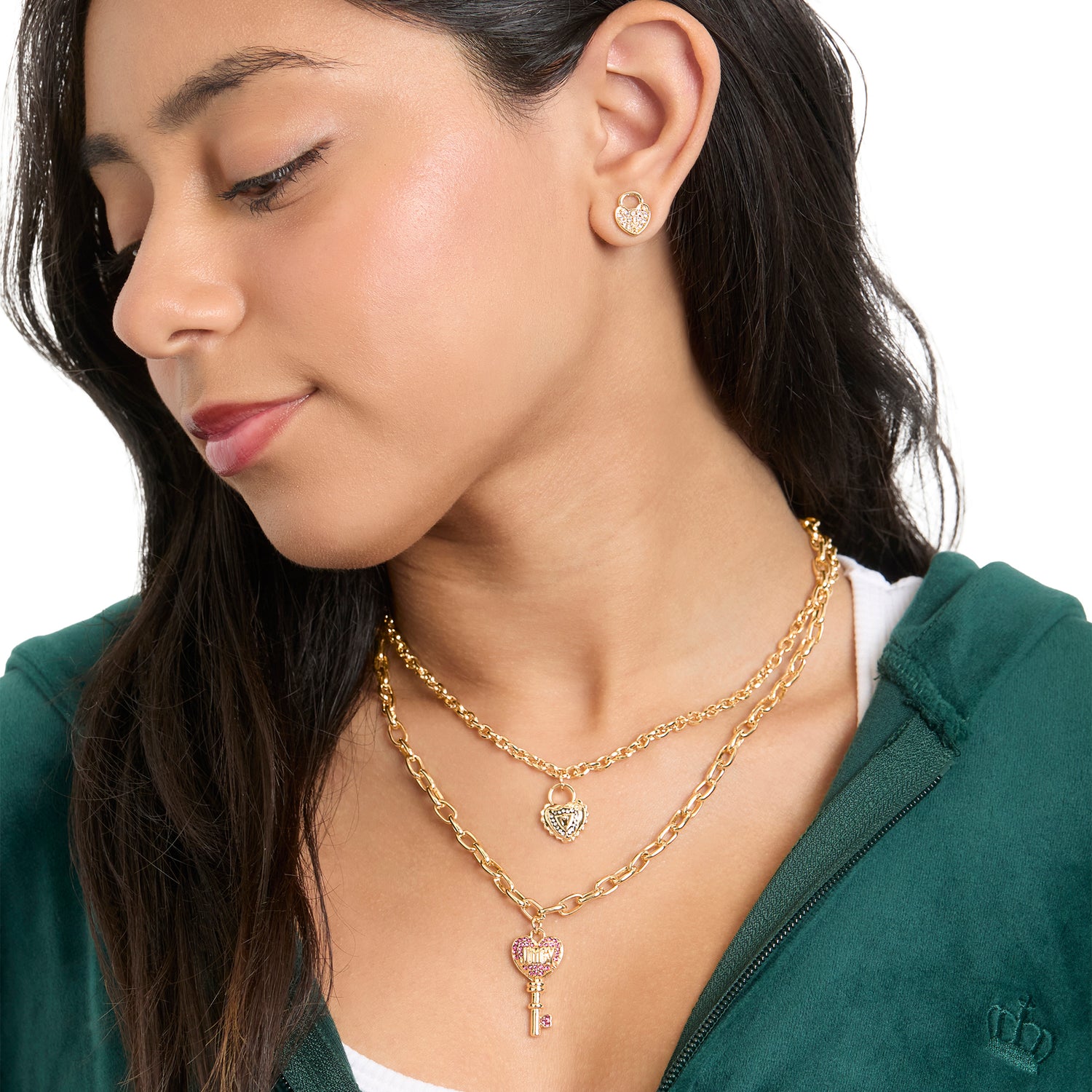 Juicy Couture Key Charm Layered Necklace and Lock Earring Set