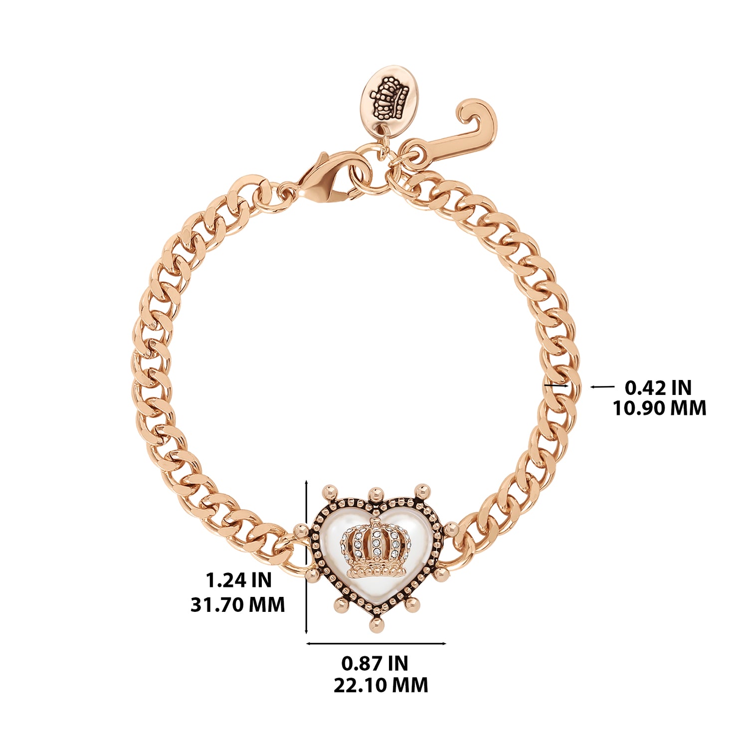 Juicy Couture Bracelet 7.5", Goldtone Crown Heart Bracelet for Women with Small Clear Stones, Juicy Gifts