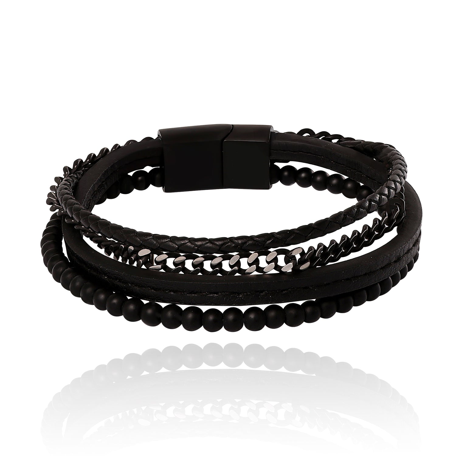 Lucky Brand Mens All Black Beaded & Leather Layered Bracelet with Magnetic Clasp