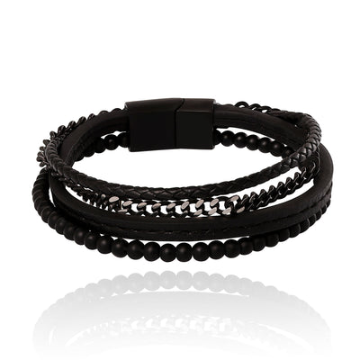 Lucky Brand Mens All Black Beaded & Leather Layered Bracelet with Magnetic Clasp