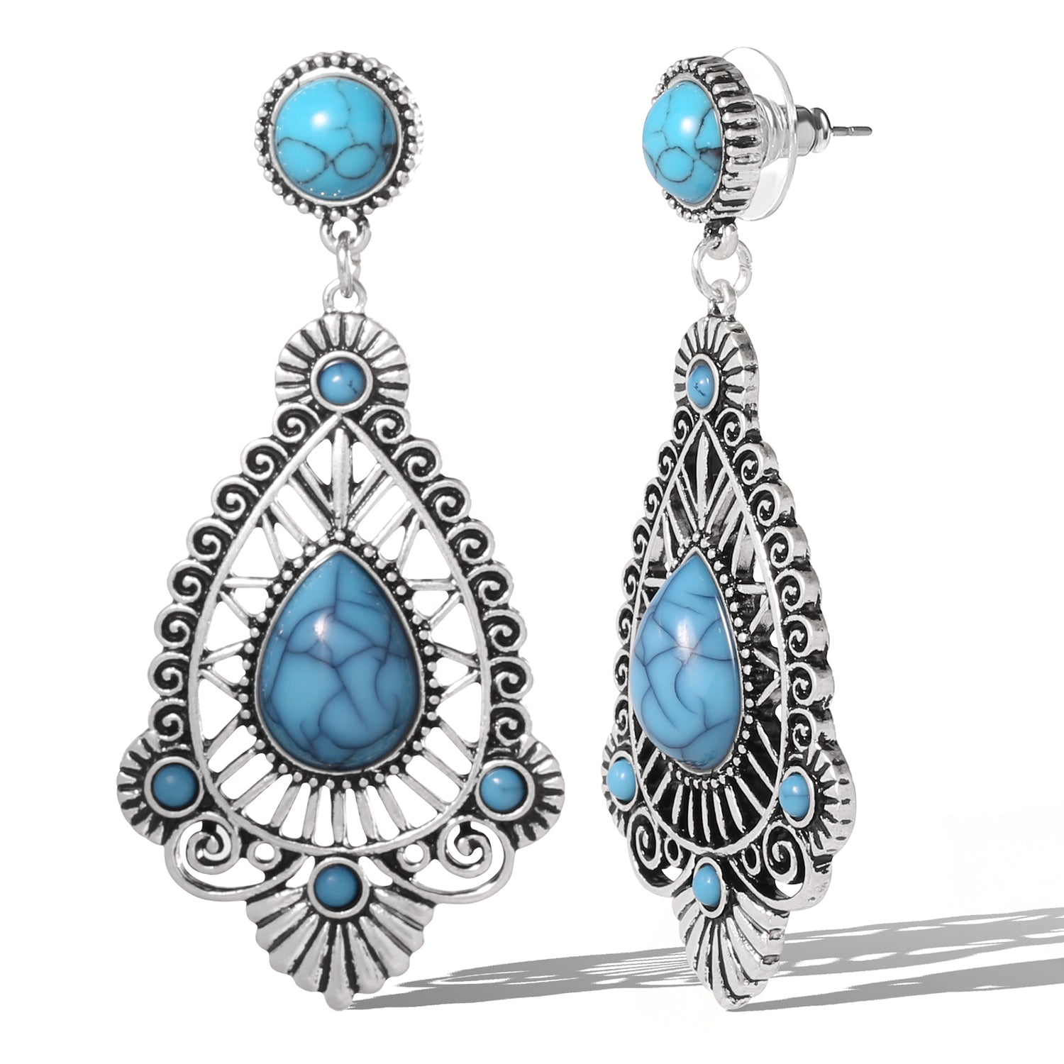 Jessica Simpson Silver-Tone Filigree Teardrop Earrings in Blue