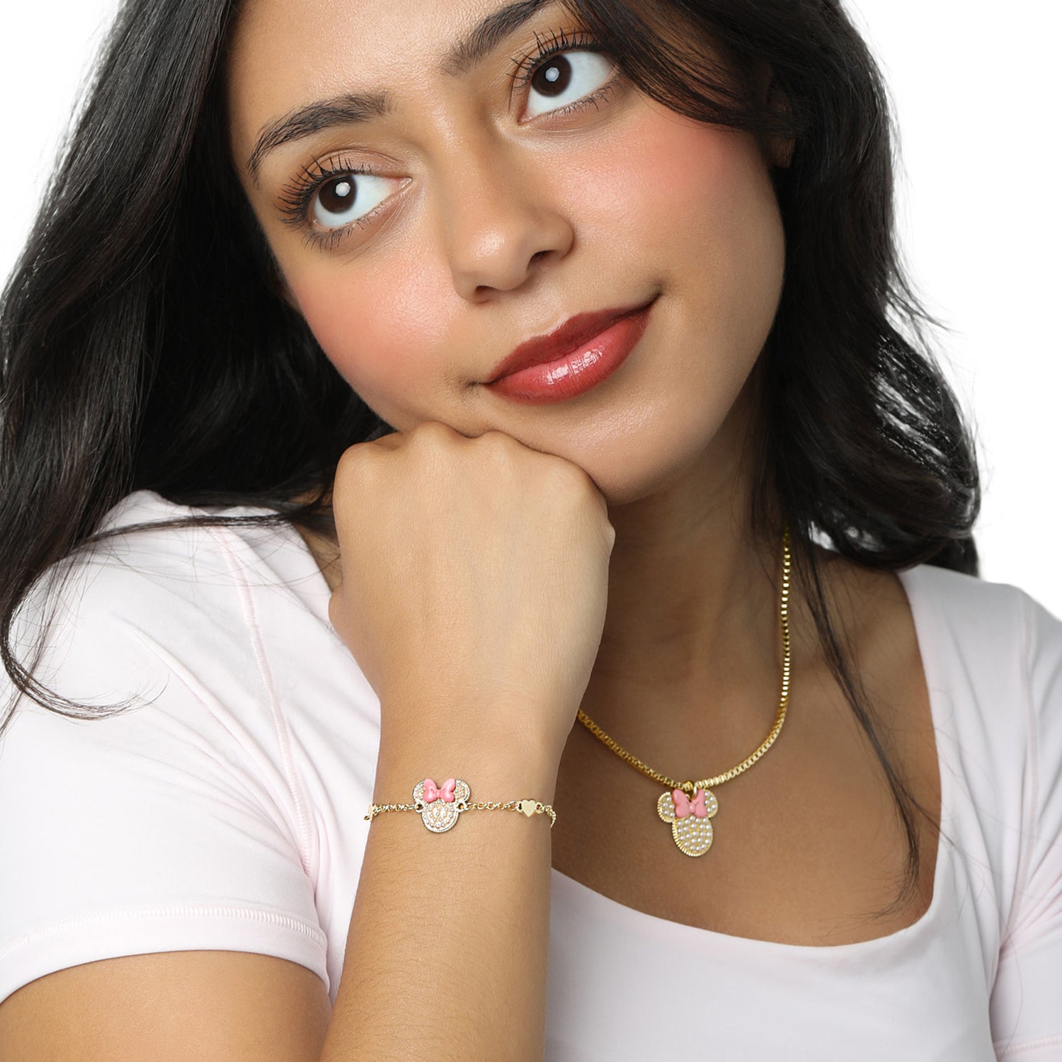 Disney Minnie Mouse Bracelet, 18k Gold Flash Plated, Adjustable Lariat