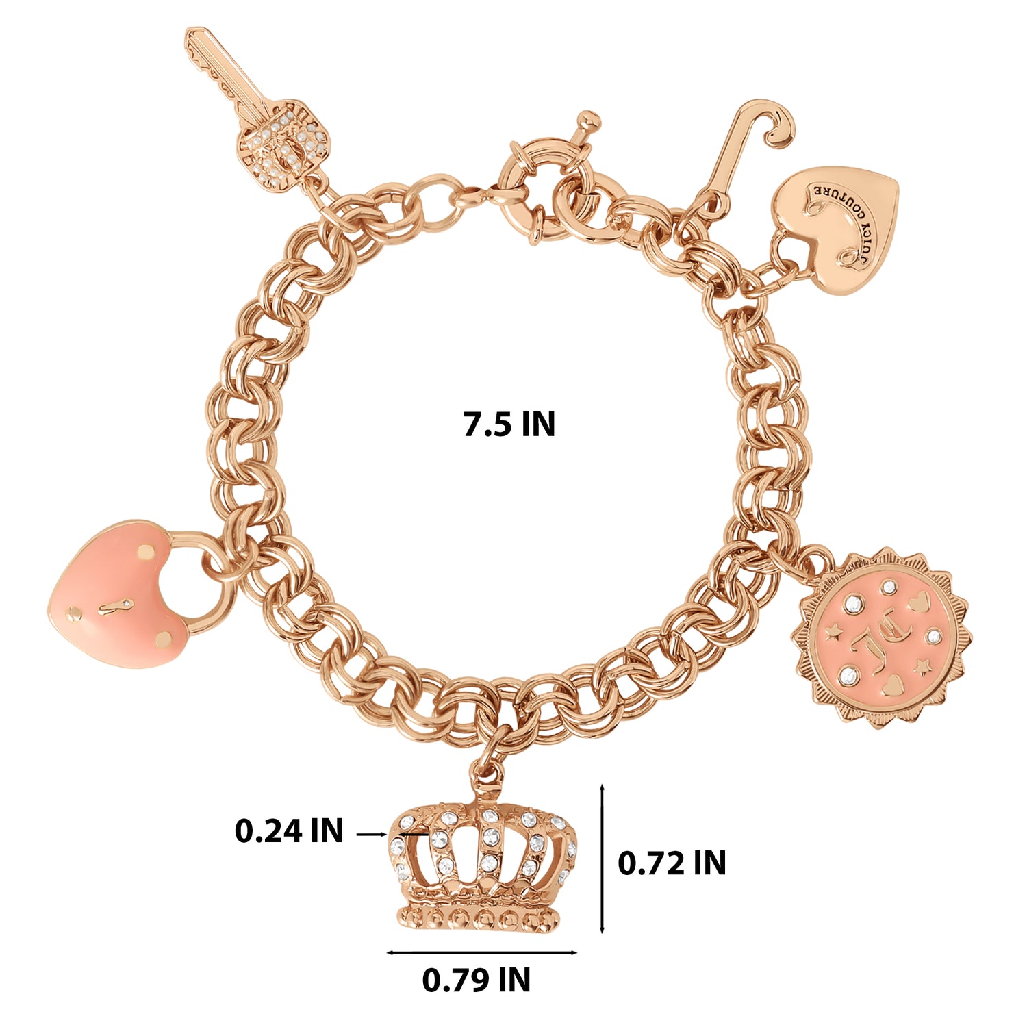 Juicy Couture Charms Bracelet with Clear Stones, 7.5" Goldtone Bracelet for Women Featuring 6 Pink and Gold Charms