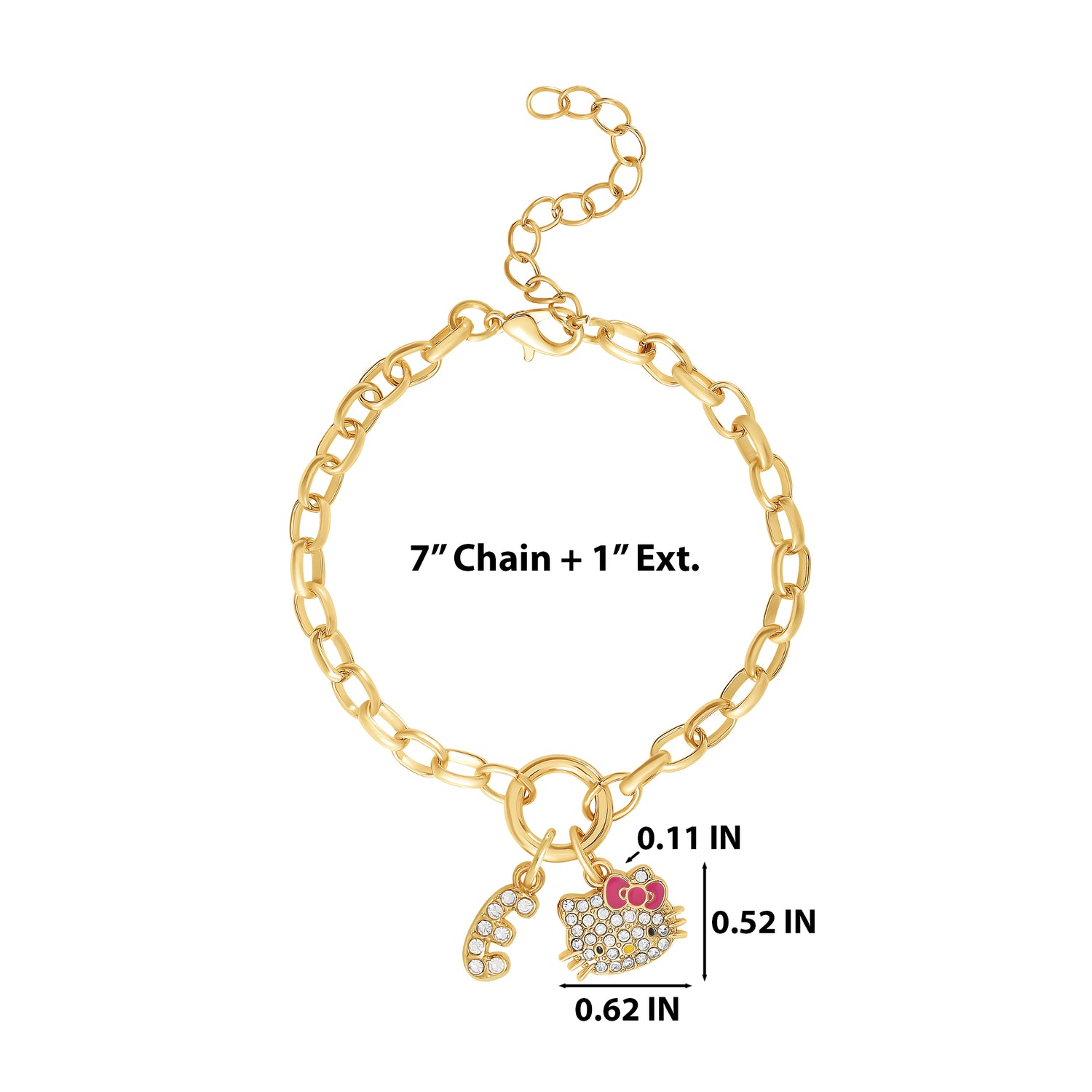 Hello Kitty Initial Crystal Charm Bracelet, Gold‑Tone, Adjustable - E