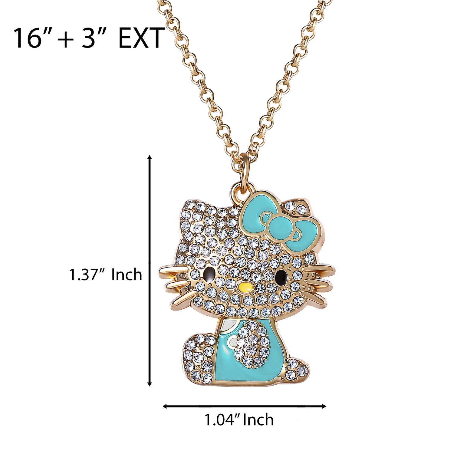 SALLY ROSE Hello Kitty Aqua Green Enamel and Pave Crystal Necklace Official License, Gold-Tone 16+3 Hello Kitty Necklace, Sanrio Gifts - Green