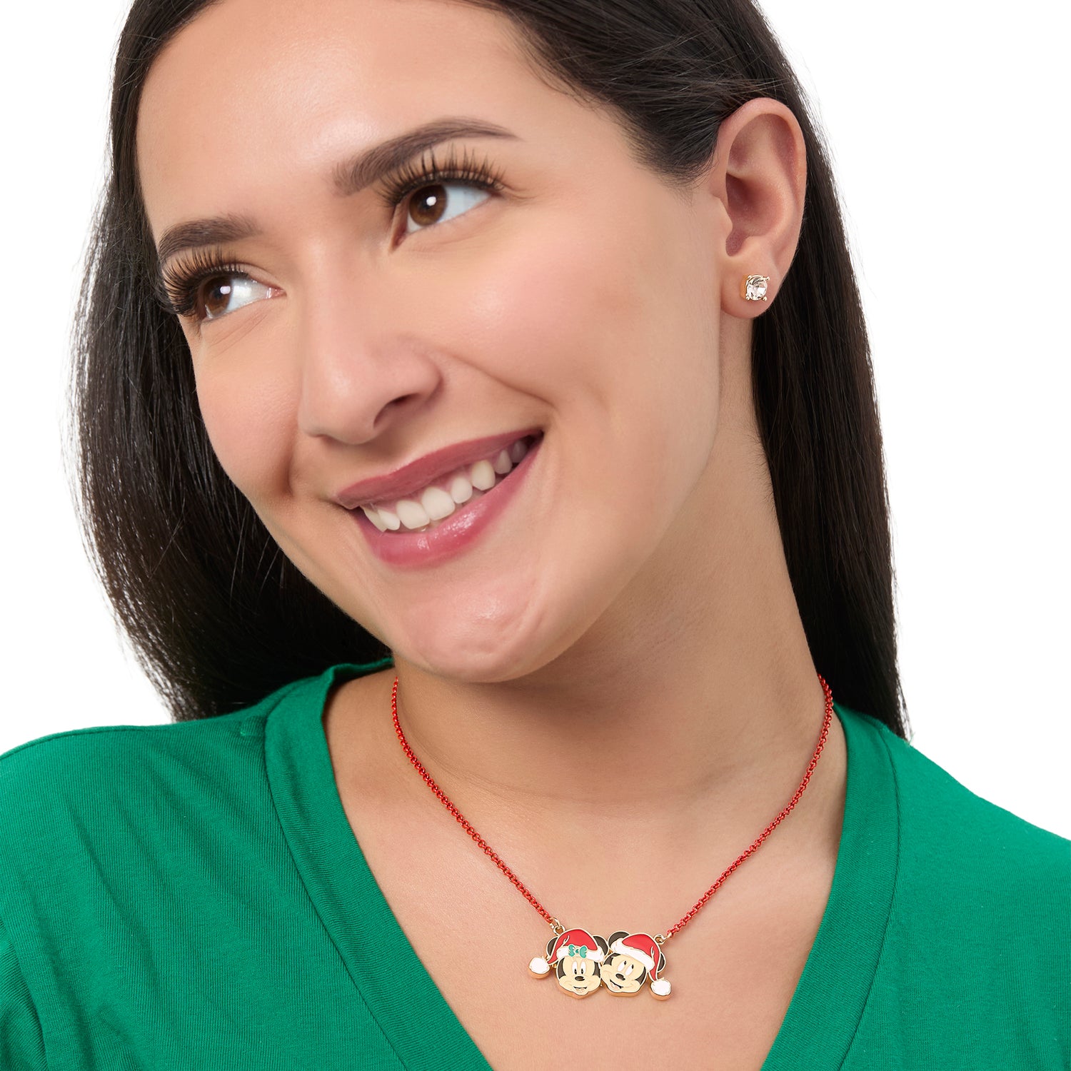 Disney Mickey & Minnie Santa Necklace & Stud Earrings Set, Gold‑Tone