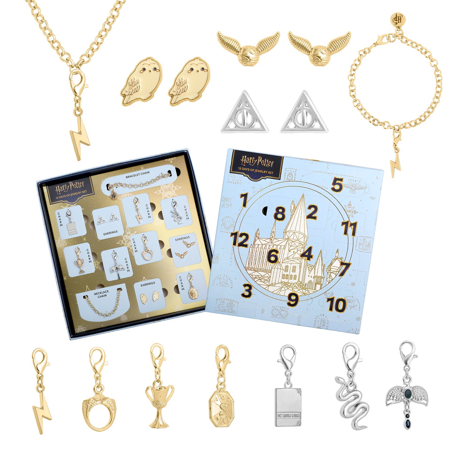 12 Days of Jewelry Gift Set Advent Calendar Harry Potter with Stud Earrings, Necklace, Bracelet, and Lobster Clasp Charms