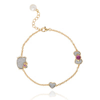 Hello Kitty Station Bracelet 7.25"+1", Two-Tone Plated Sterling Silver with Created Sapphire Charms, Official License