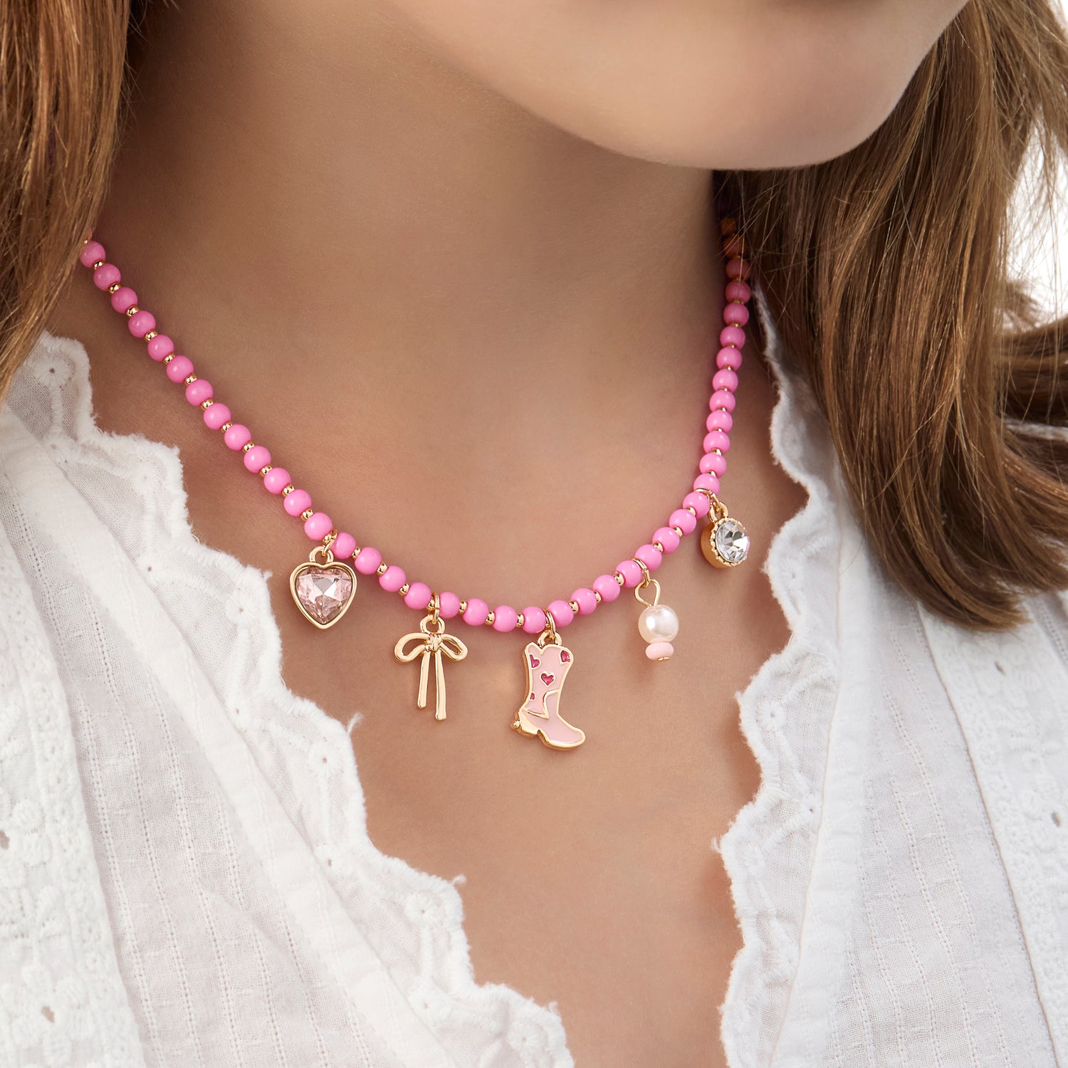 Jessica Simpson Kids Charm Necklace & Earrings Set - Pink & Gold Western Style
