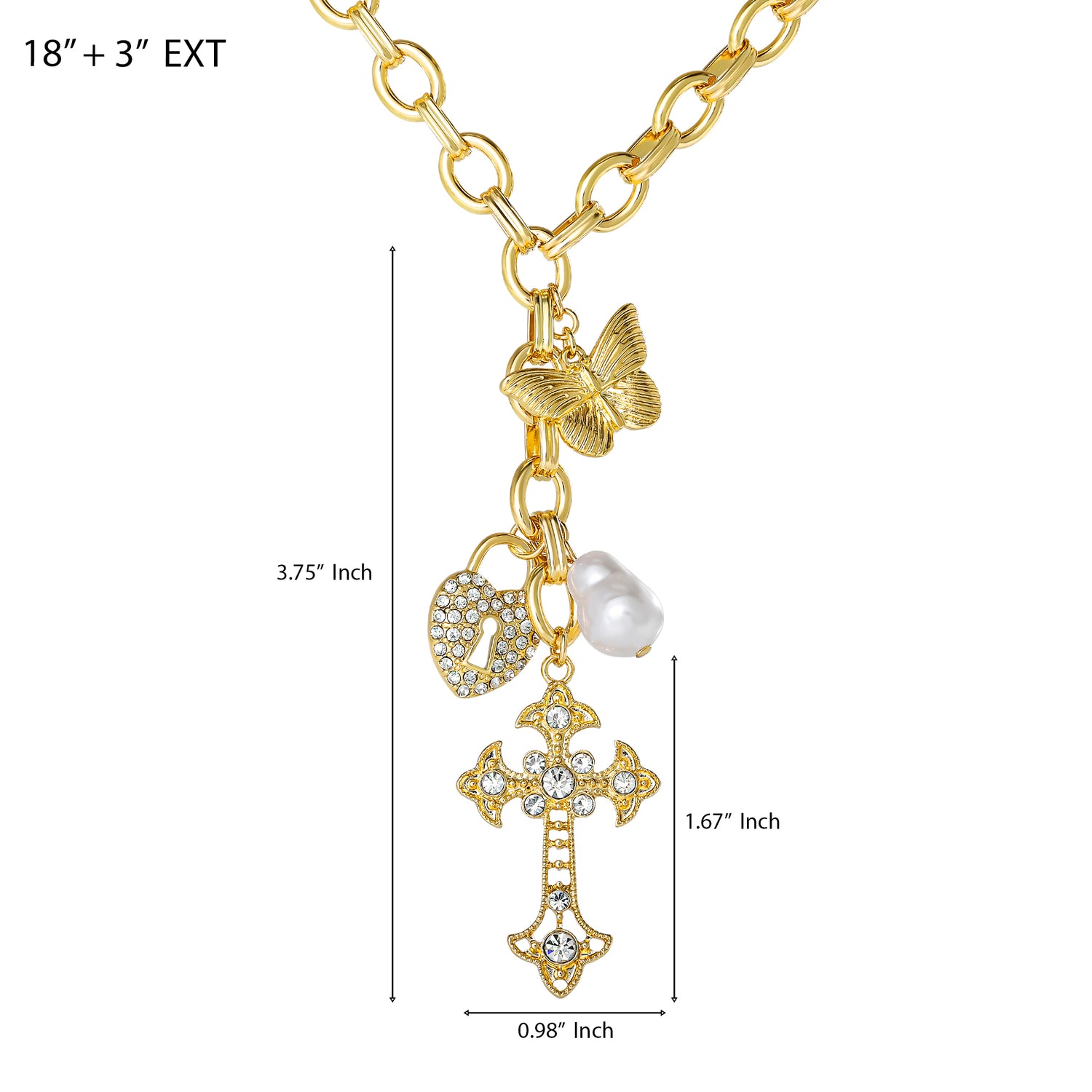 Jessica Simpson Gold-Tone Charm Link Necklace with Cross, Heart & Pearl Accents