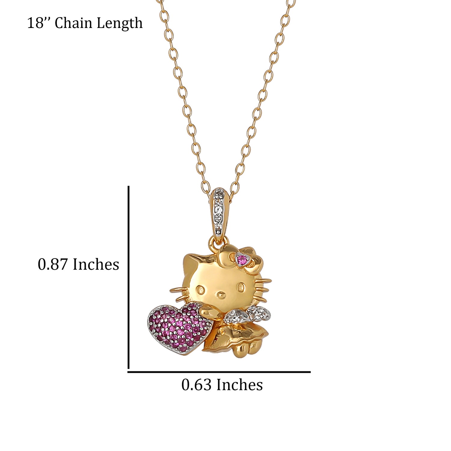 Hello Kitty Heart Pendant Necklace 18", Two-Tone Plated Sterling Silver with Created Pink & White Sapphire, Official License