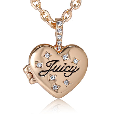 Juicy Couture Heart Locket Necklace for Women 16"+2", Gold-Tone Constellation Heart Necklace with Clear Stones and Logo