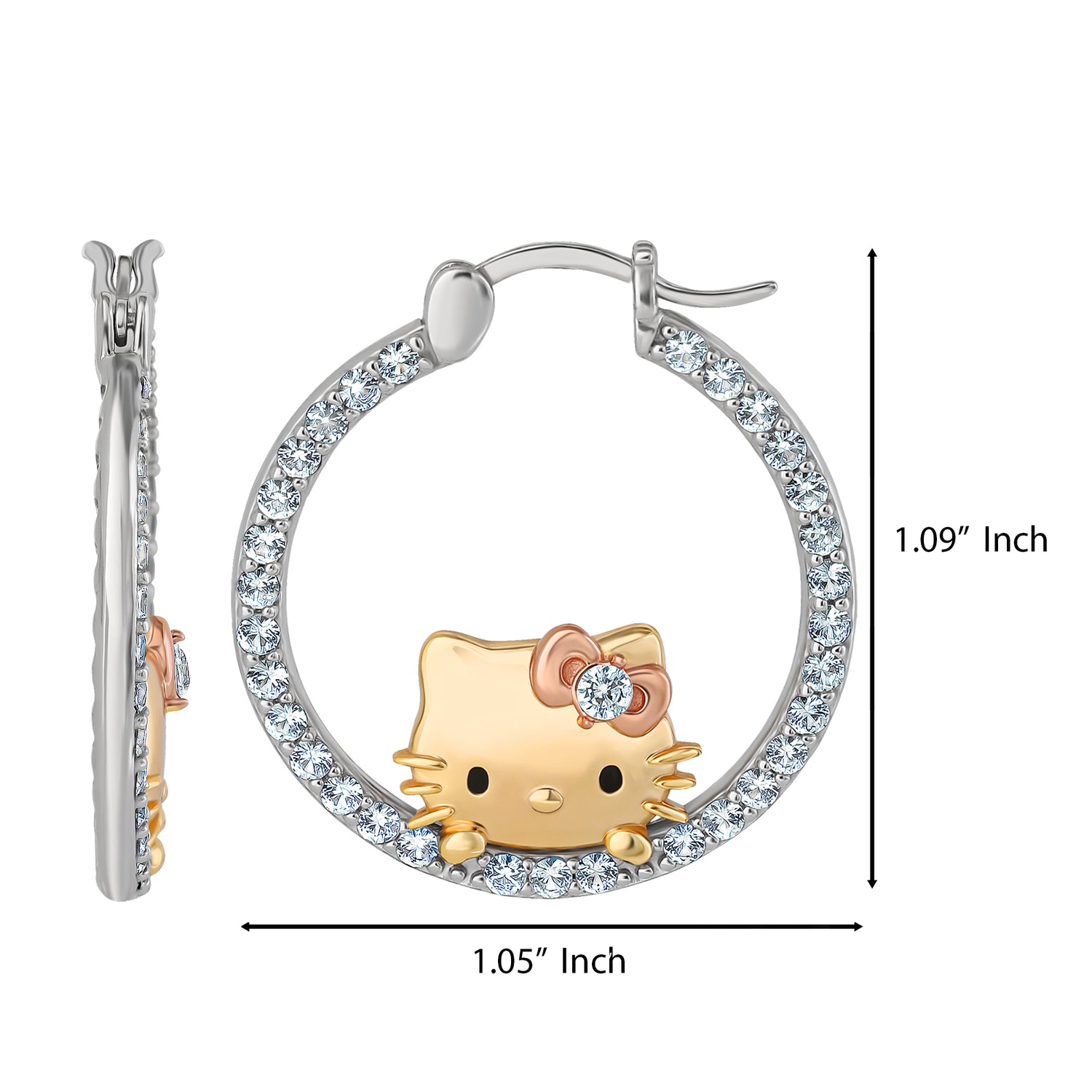 Hello Kitty Pop-Up Hoop Earrings, Tri-Color Sterling Silver with Created White Sapphire, Official License