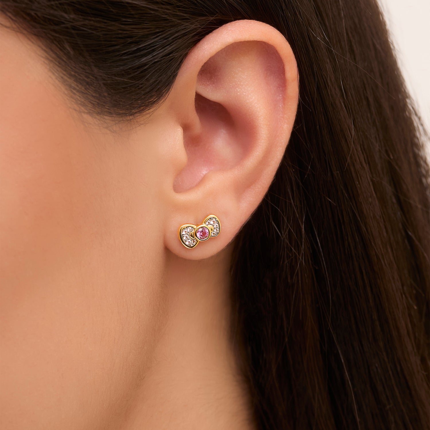 Hello Kitty Bow Stud Earrings, Two-Tone Plated Sterling Silver with Created Pink & White Sapphire, Official License
