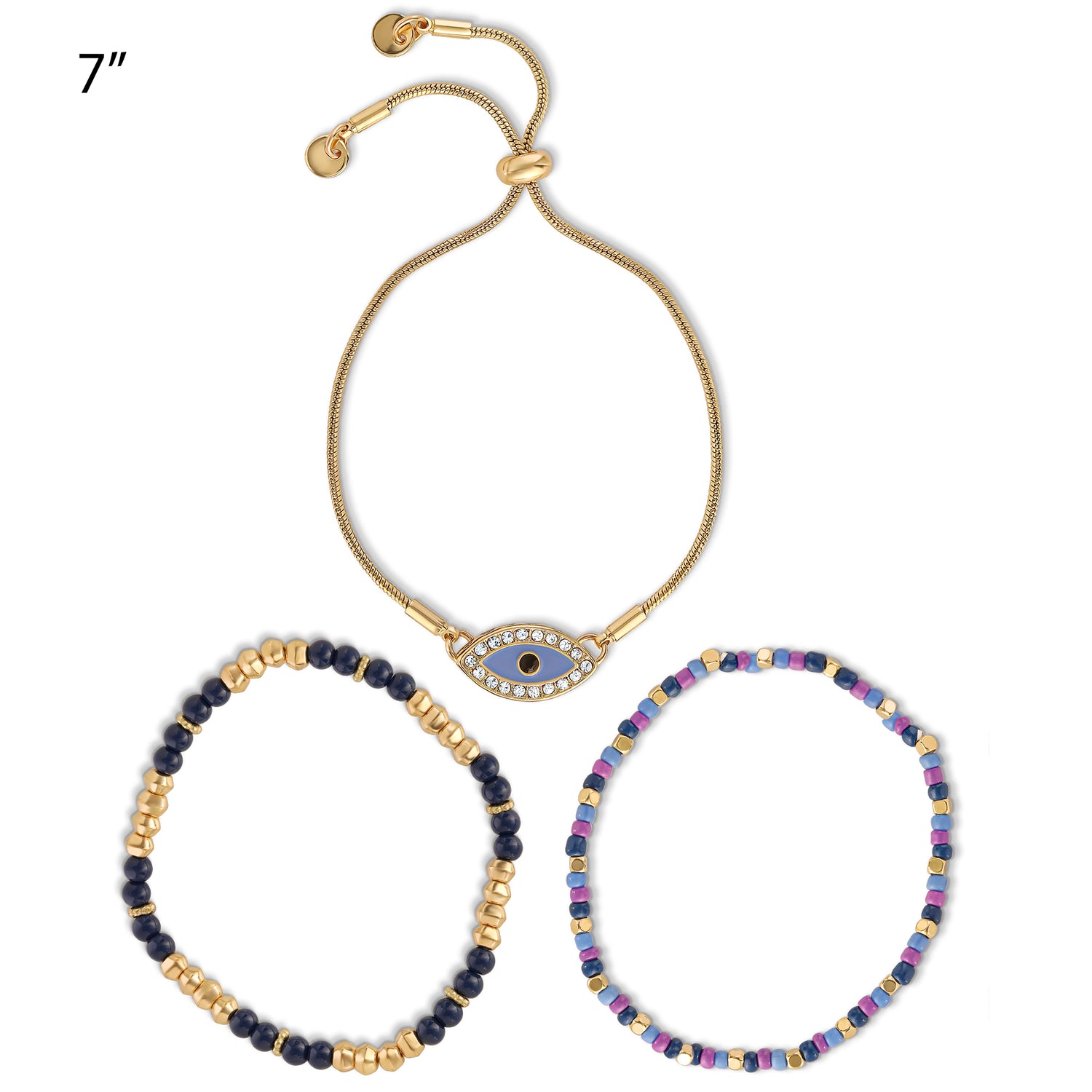 Jessica Simpson Multi-Color Beaded Bracelet Set with Evil Eye Charm - Boho Chic Stackable Bracelets