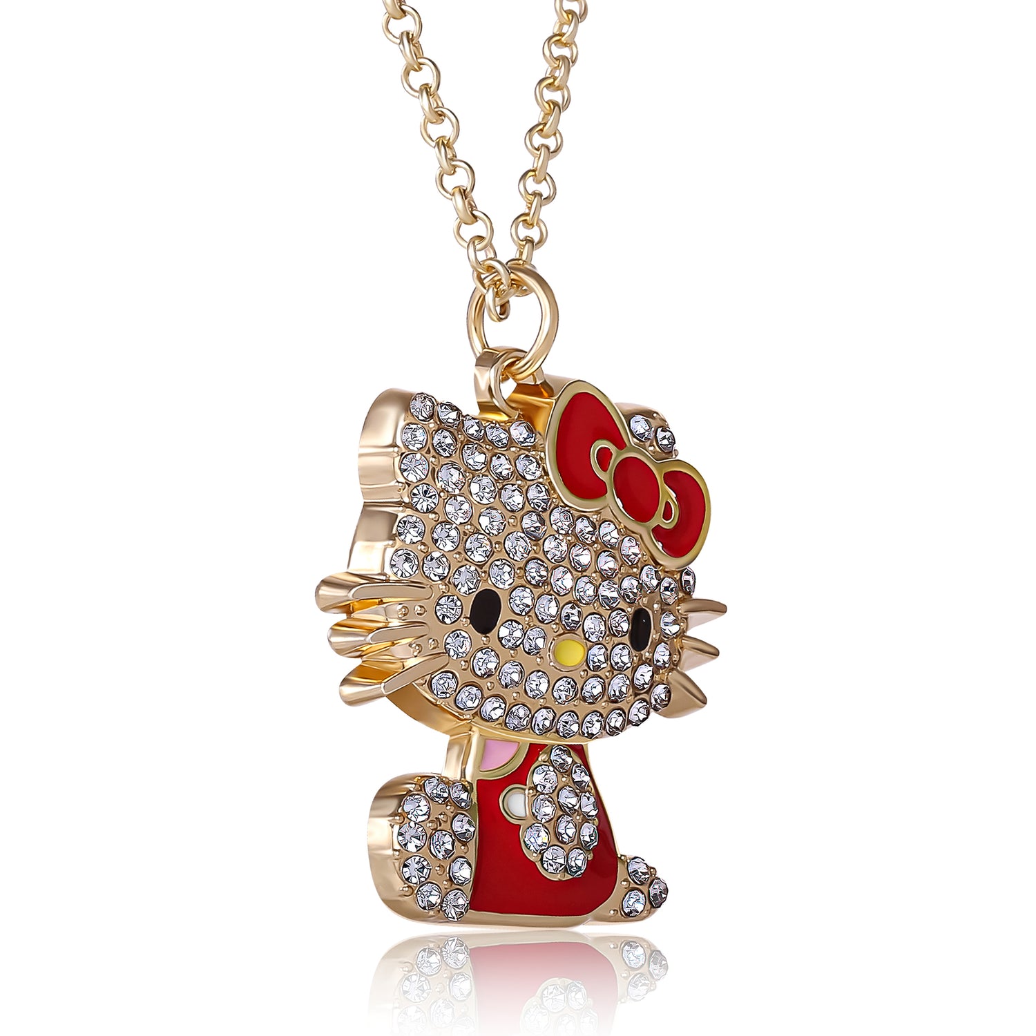 SALLY ROSE Hello Kitty Red Enamel and Pave Crystal Pendant Necklace Official License, Gold-Tone 16+3 Hello Kitty Necklace, Sanrio Gifts - Red