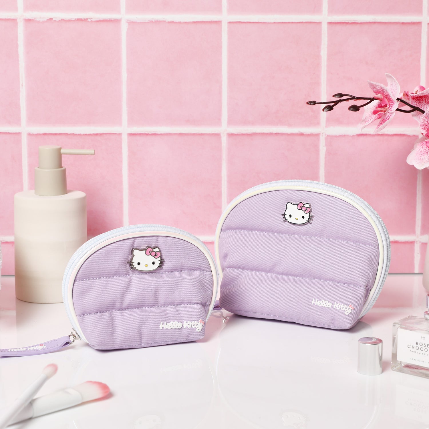 SALLY ROSE Sanrio Hello Kitty Makeup Bag Set Official License, Quilted Dome Cosmetic Travel Bags, Cute Make Up Bags