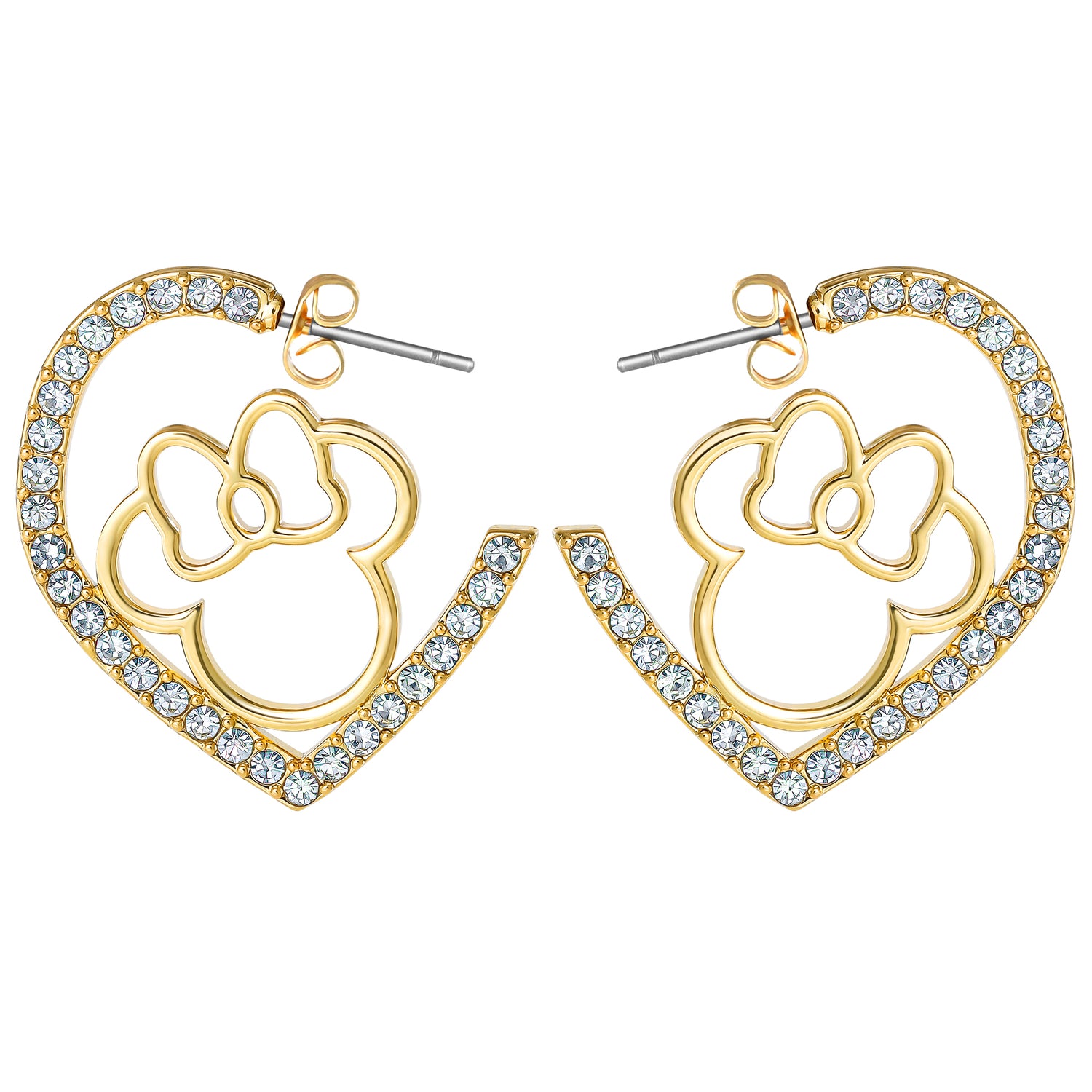Disney Minnie Mouse Heart Earrings, Gold-Tone Outline with Crystal Pavé