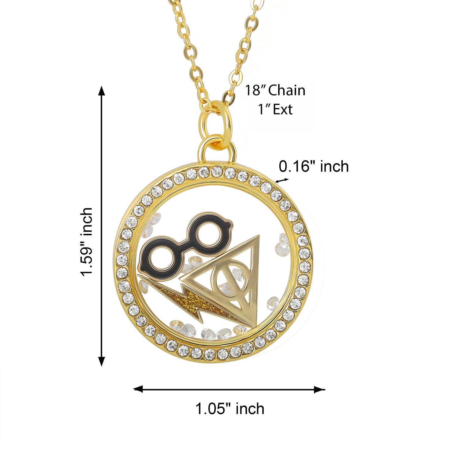 Harry Potter Lightning Scar and Glasses Shaker Pendant Necklace with Crystals - 18"+1"