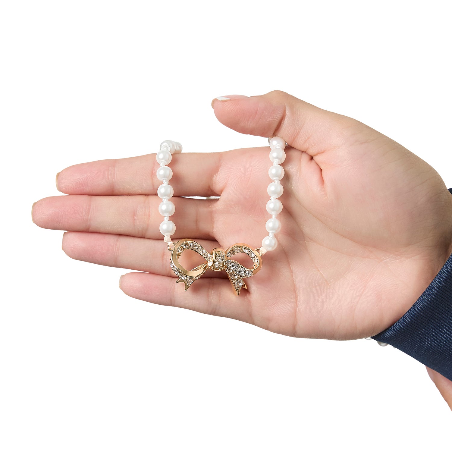 Juicy Couture Pearl Necklace with Pavé Bow, Gold‑Tone Accents
