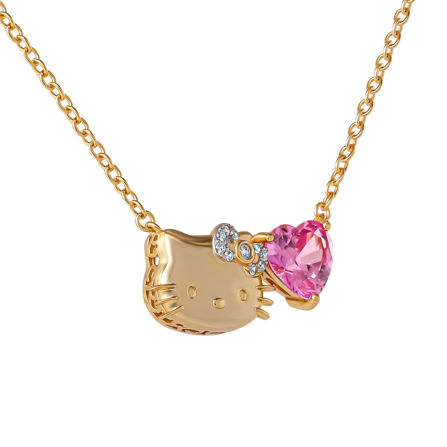 Hello Kitty Face and Heart Necklace 18", Yellow Gold-Plated Sterling Silver with Created Pink & White Sapphire, Official License