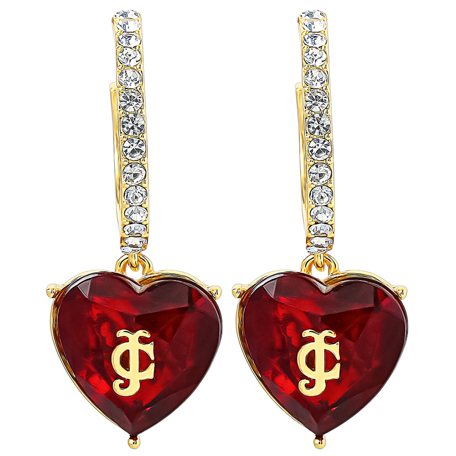 Juicy Couture Heart Charm Hoop Earrings for Women, Colored & Clear Stones - Red