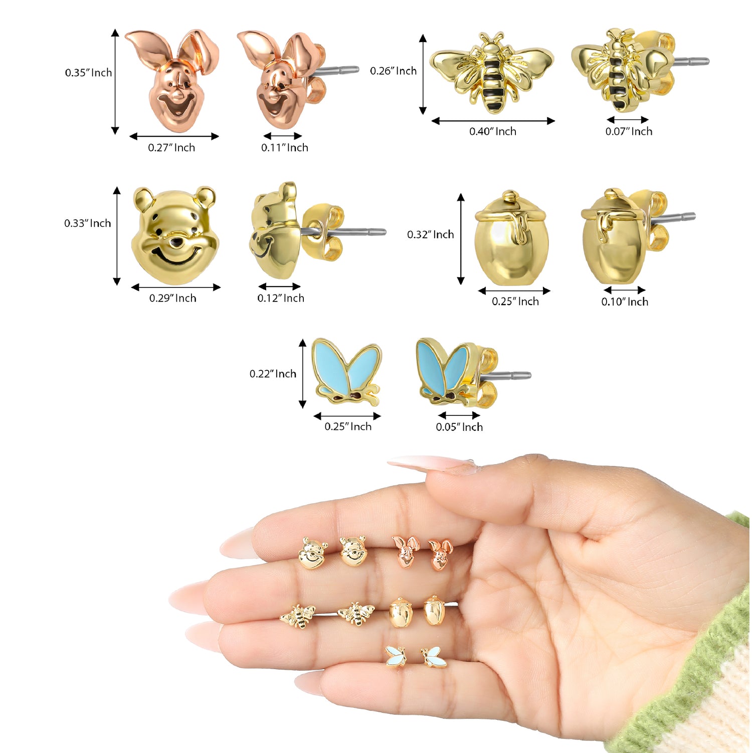 Winnie the Pooh Earrings Pack of 5 Official License, 18k Gold Flash Plate