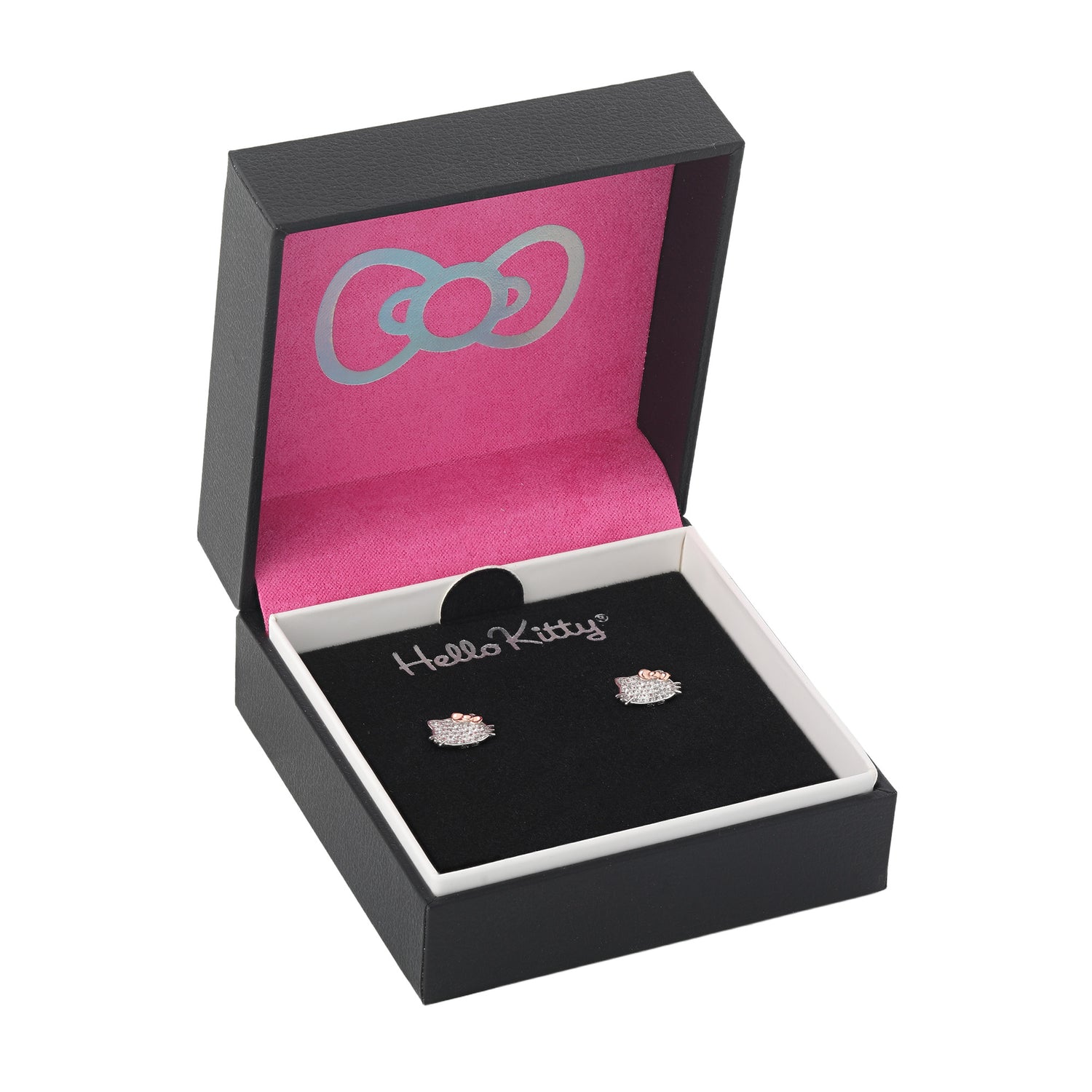Hello Kitty Face Stud Earrings, Sterling Silver with Created White Sapphire Pavé and Rose Gold-Tone Bow, Official License