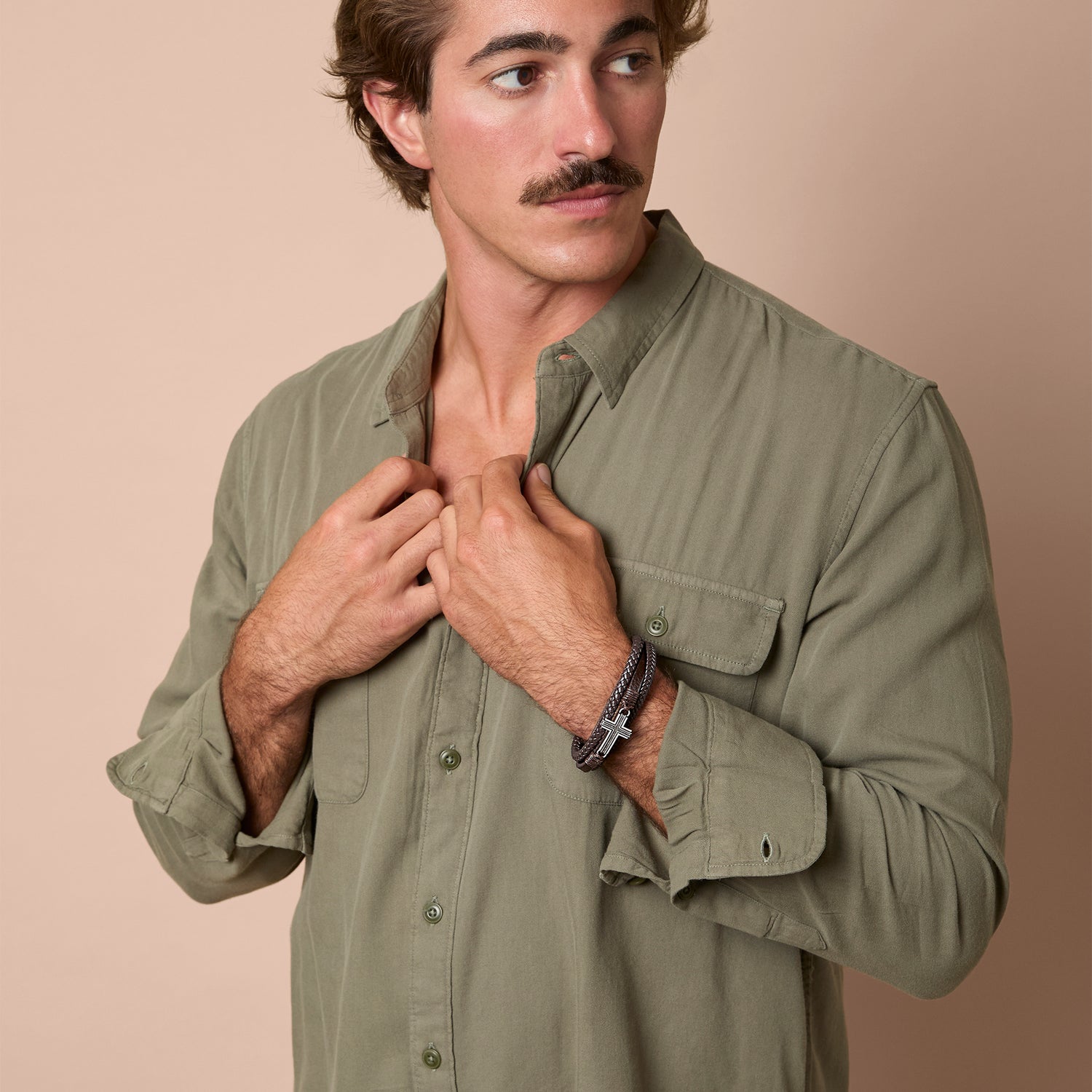 Lucky Brand Textured Cross Triple Row Brown Bracelet for Men 8.5", Antique Silver Flash-Plated, Cross Jewelry