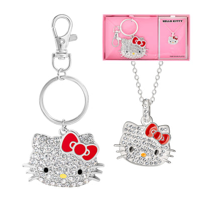 SALLY ROSE Hello Kitty Keychain and Necklace Set for Women Official License, Crystal Pave Sanrio Pendant Necklace and Key Chain