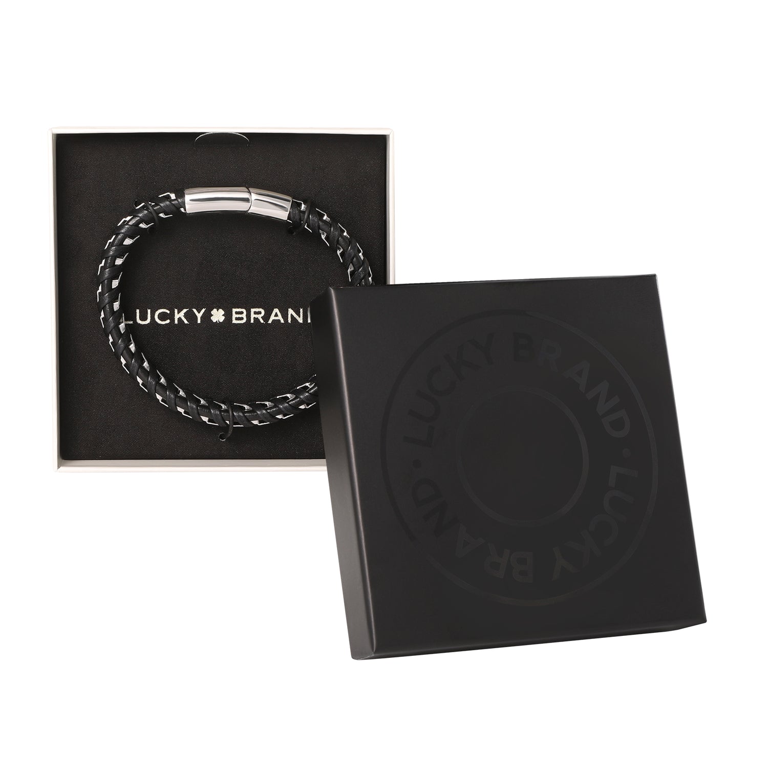 Lucky Brand Men’s Woven Leather & Stainless Link Bracelet, Black, Magnetic Clasp - 8.5''