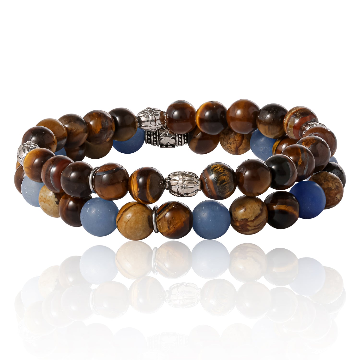SALLY ROSE Lucky Brand Jewelry Mens Beaded Bracelets 2 Pcs, Stretch Mens Bracelets Beads 8mm Tigers Eye, Sodalite, and Picture Jasper
