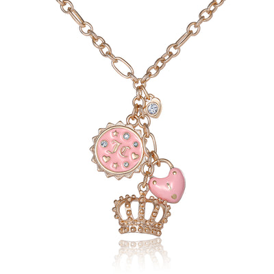 Juicy Couture Charm Necklace for Women, 16"+2" Gold-Tone Y Necklace 4 Juicy Logo Charms with Pink Enamel and Clear Crystals